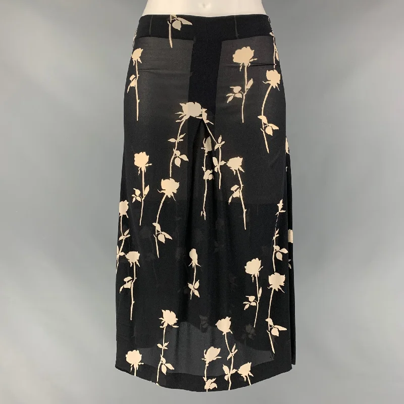 DOLCE & GABBANA Size 2 Black Cream Silk & Lycra Floral A-Line Skirt ribbed skirt waist