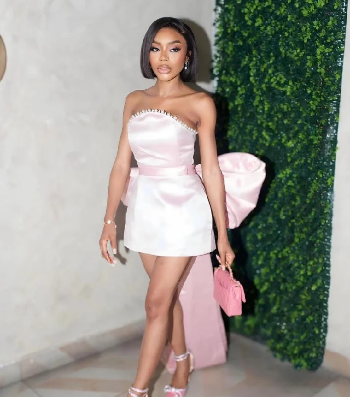 Pink Bow Homecoming Dress Short Prom Dress Strapless Birthday Party Dress Mini Evening Party Dress Tunics Brand named