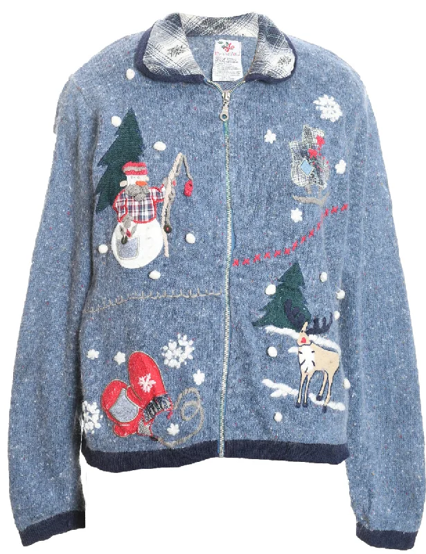 Snowman Christmas Cardigan - M Lace Blend Ribbed Blend Corduroy Blend