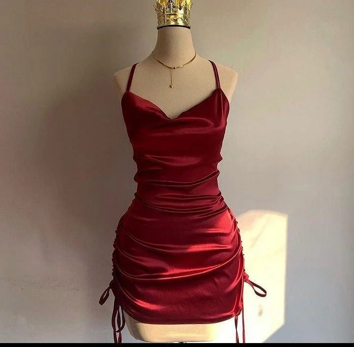 Wine Red Straps Sheath Satin Short Party Dress Homecoming Dress, MD7875 Tunics Sophisticated sleek