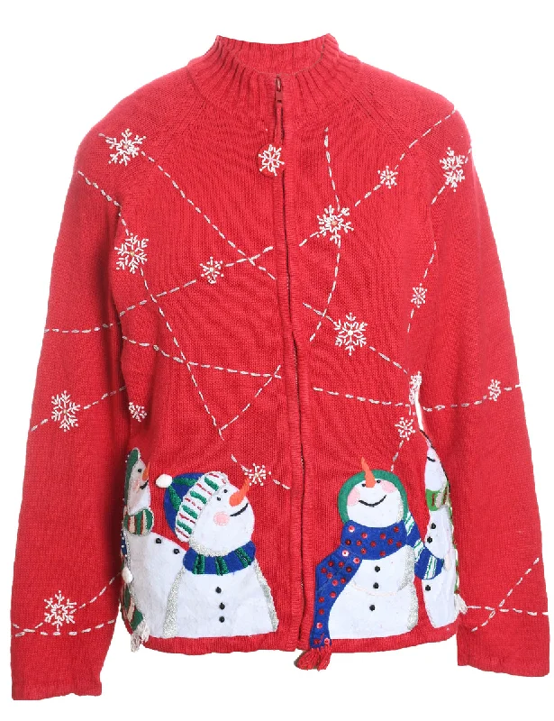 Snowman Red Zip-Front Knit Christmas Cardigan - L Fitted Slim Tailored