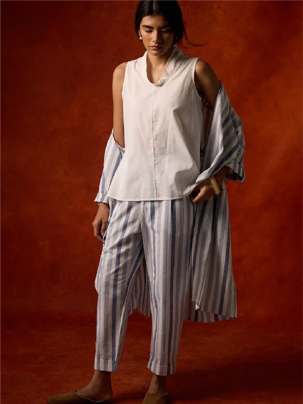Women's Blue Cotton Linen Regular Fit Pant Casual Drawstring Pants