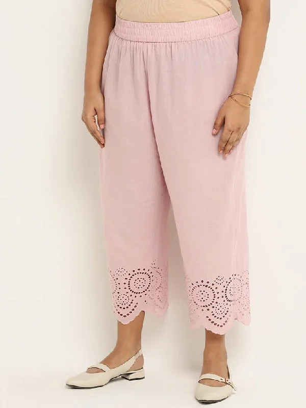 Diza Pink Cotton Cutwork Pants Wide-Legged Palazzos