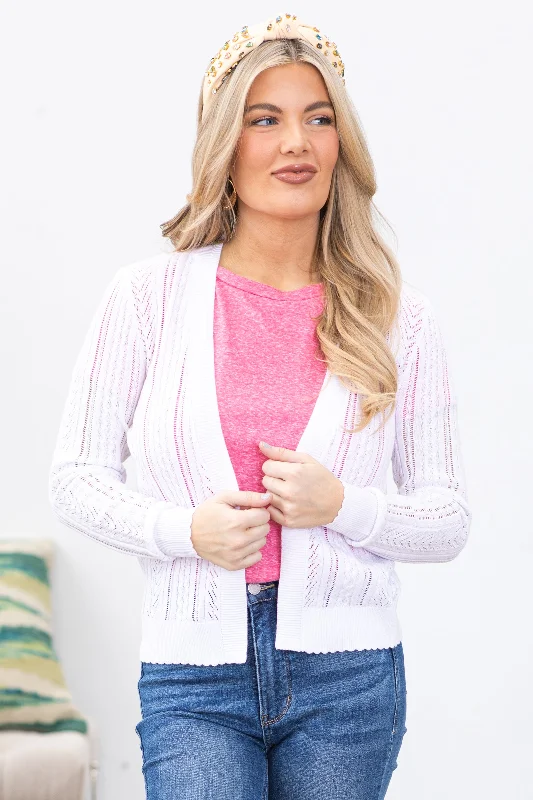 White Scallop Hem Pointelle Cardigan Boat Neck Shawl Collar Notched Collar