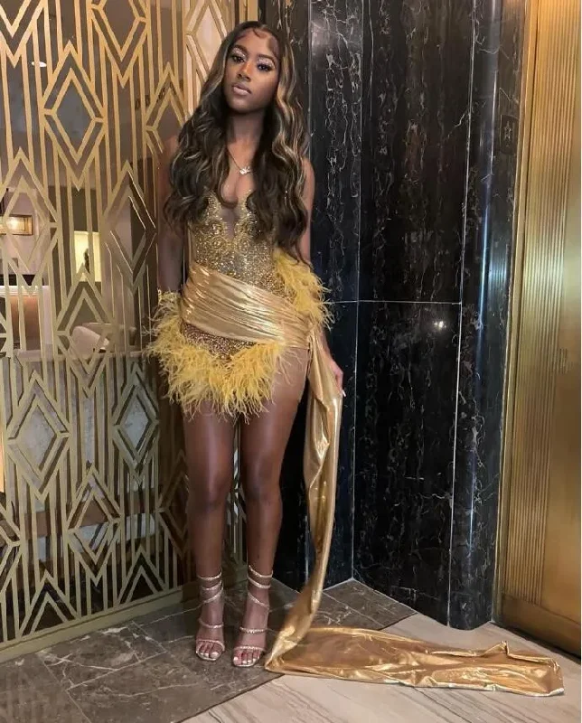 Luxury Glitter Gold Homecoming Party Dress Train Black Girl Birthday Party Celebrity Dress Tunics New arrival