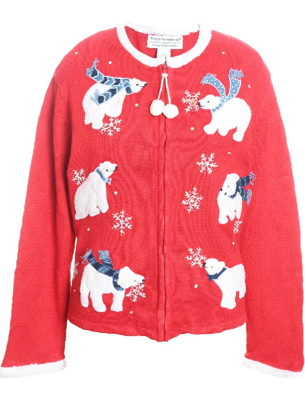 Polar Bear Design Red & White Appliqued Christmas Cardigan - L Seamless Knitted Crochet