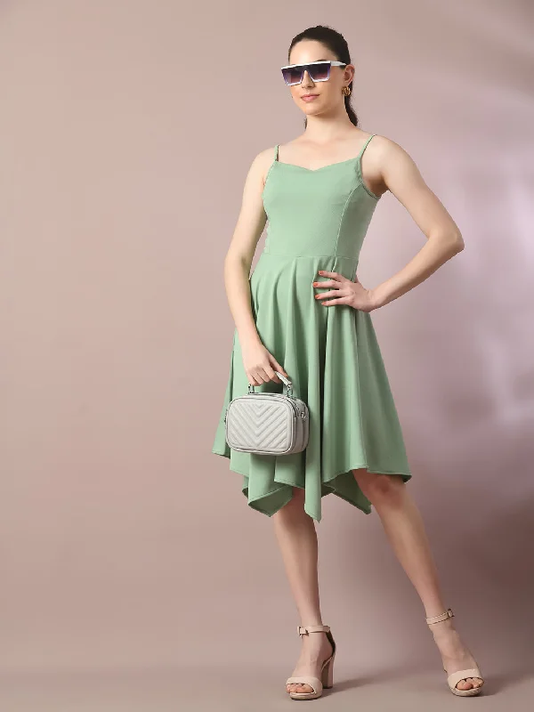 Women's  Sea Green Solid Shoulder Straps Fit And Flare Party Dress  - Myshka Tunics Travel practical