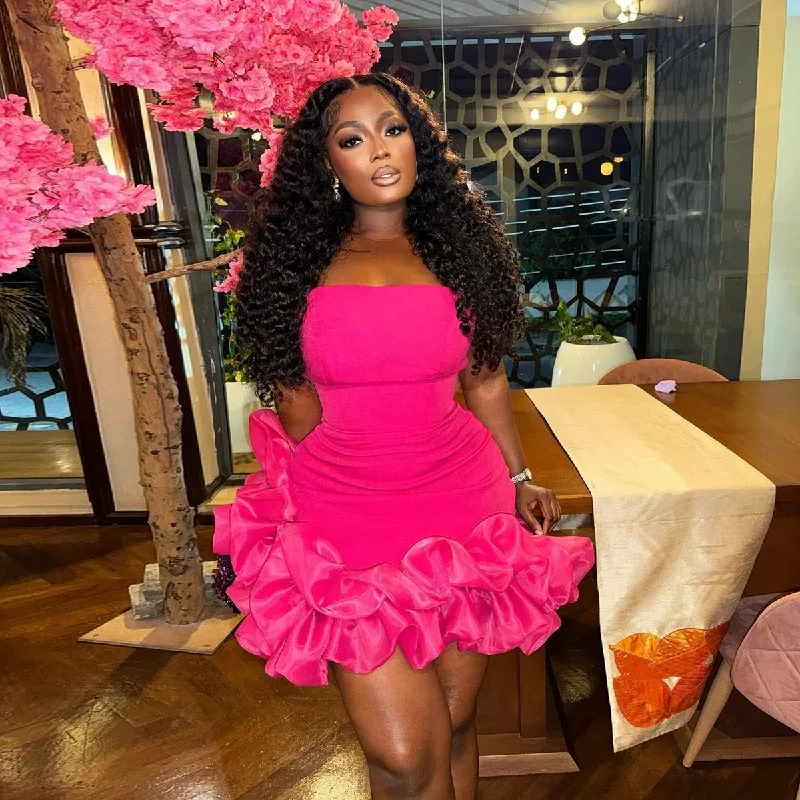 Hot Pink Little Black Girls Short Prom Dresses Strapless Ruffled Bottom African Mini Cocktail Dress Aso Ebi Birthday Party Dress Tunics Distressed trendy
