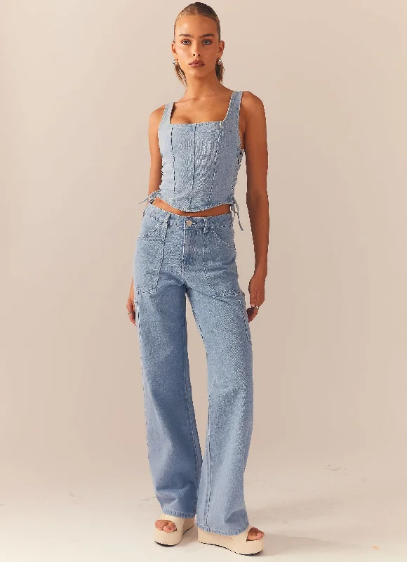 Backstage Pass Denim Lowrise Pants - Subdued Blue Cozy Jogger Leggings
