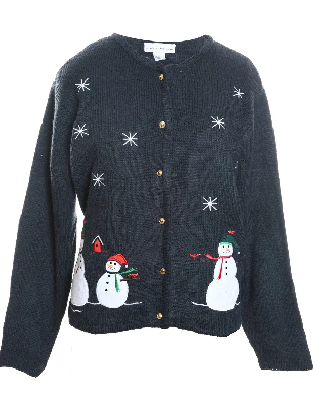 Navy Snowman Design Christmas Cardigan - M Toggled Drawstring Belted