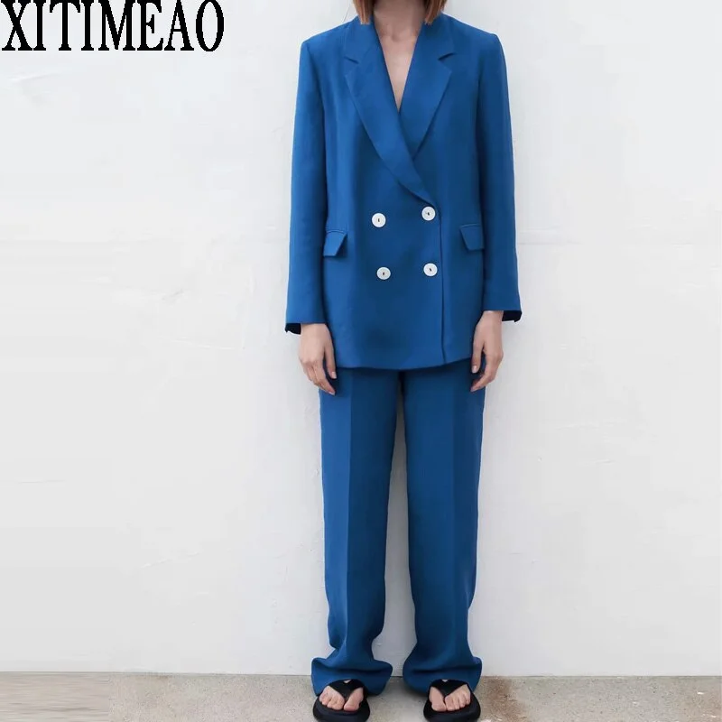 Za Women Office Wear Double Breasted Blazers Coat Vintage Long Sleeves Outerwear And High waist casual pants 2-piece Set High-Waist Jogger Pants