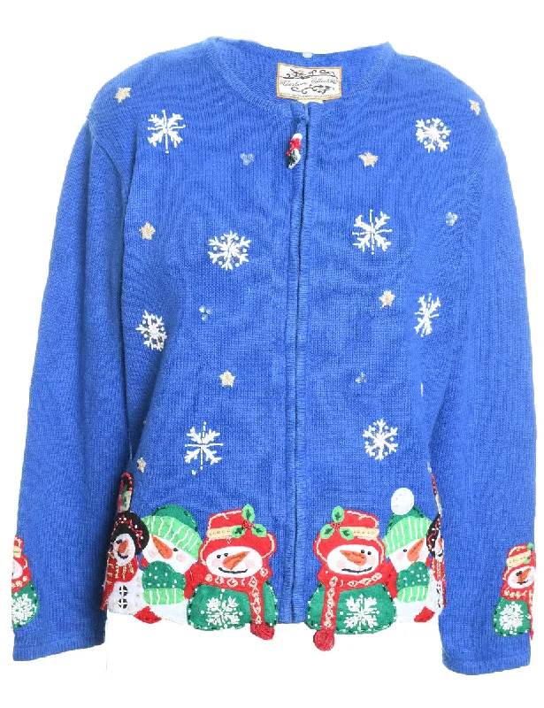 Snowman Christmas Cardigan - M Real Fur Shearling Chenille
