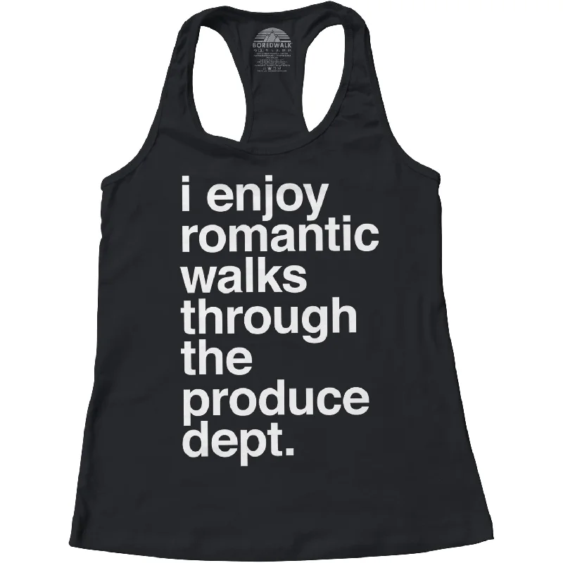 Women's I Enjoy Romantic Walks Through the Produce Department Racerback Tank Top athletic tank top
