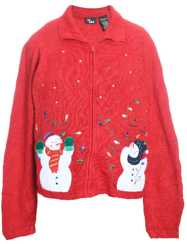 Snowman Design Red Embroidered Christmas Cardigan - L Plaid Cardigan Polka Dot Checkered