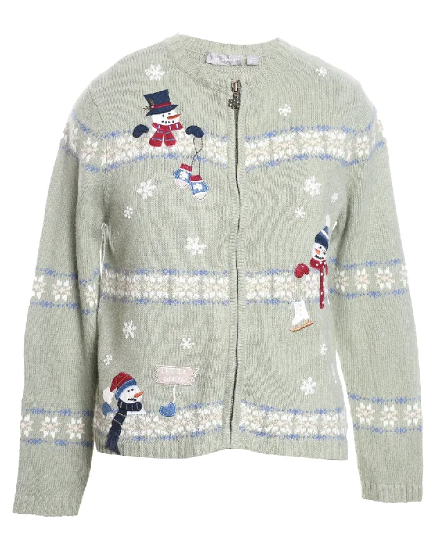 Snowman Design Light Green Zip-Front Knit Christmas Cardigan - M Notch Collar Peter Pan Collar Cowl Neck