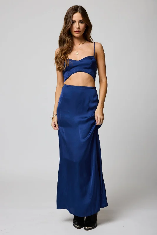 Silky Good Grace Maxi Skirt - Navy asymmetrical skirt cut