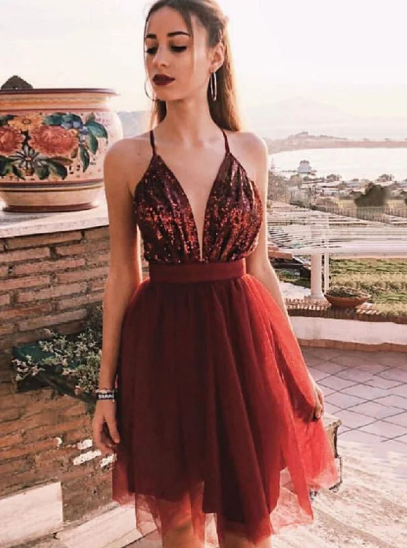 Spaghetti-straps Sequins Homecoming Dress Burgundy Party Dress OM329 Tunics Sale discount
