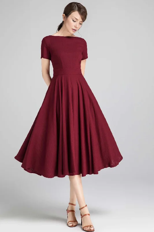 Burgundy Boat Neck Dress With Pockets Short Sleeve Party Dress A-Line Mother of the Bride Dress Tunics Practical easy-care