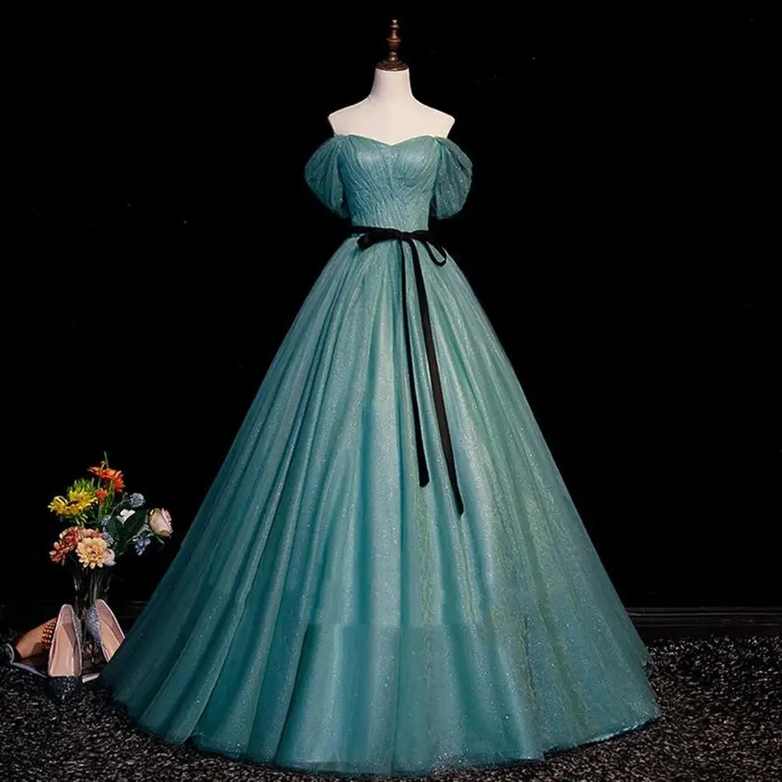 French Green Evening Dress,Formal Prom Dress,Fairy Prom Dress,Princess Ball Gown,Cocktail Dress,Birthday Graduation Party Dress,Ball Gown Peplum Ruffle Cocktail