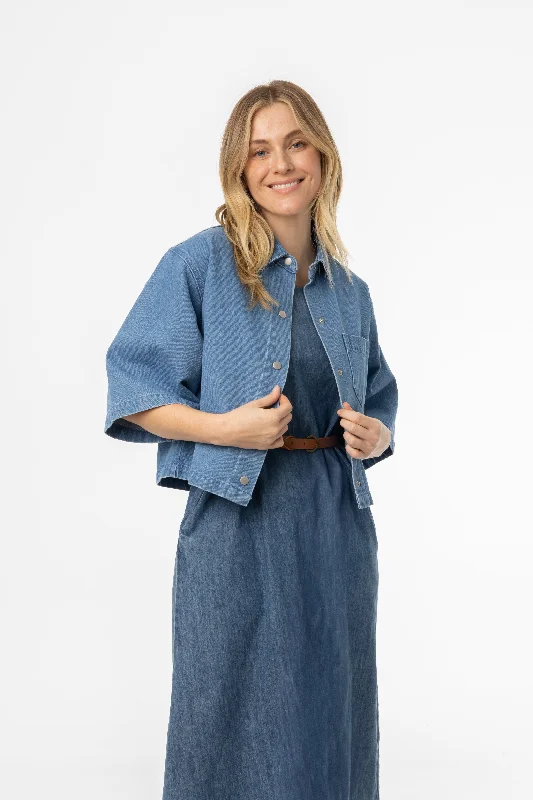 Blue 3/4 Sleeve Shirt Denim Jacket Snapped Jacket Toggled Jacket Drawstring Jacket
