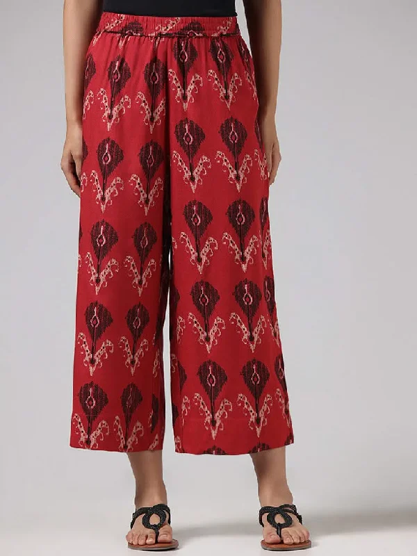 Utsa Red Ikat Printed Wide-Leg Pants Fashionable Track Pants