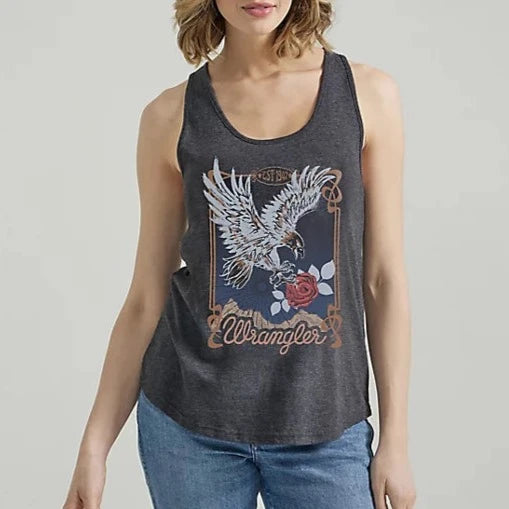 Wrangler Retro Women's Swooping Eagle Racerback Tank in Caviar Heather bold tank top