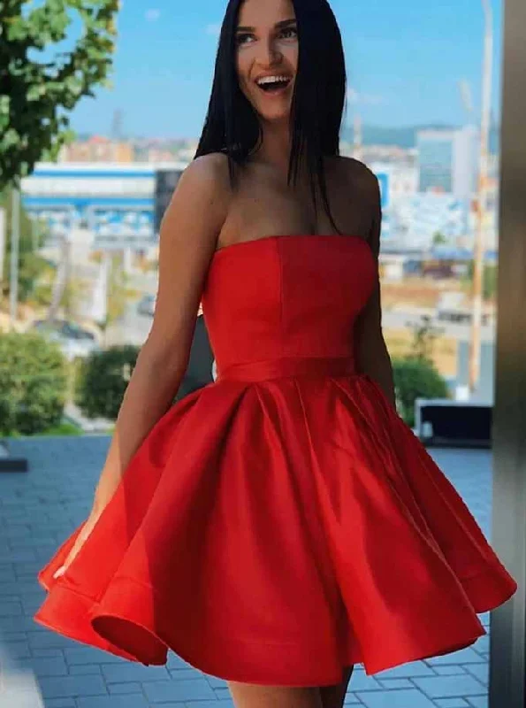 Simple Red Satin Strapless Short Homecoming Dress Party Dress OM532 Cowl Neckline Elegant