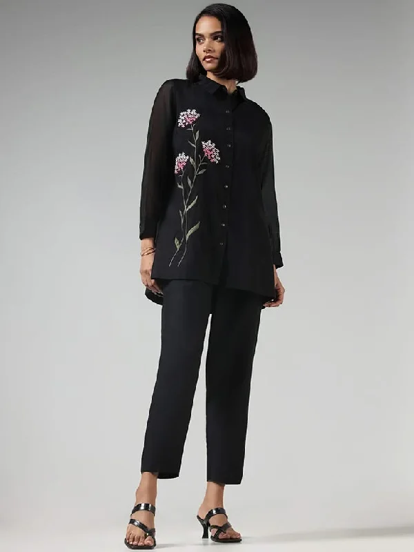 Vark Black Floral Embroidered Tunic & Pants Set Trendy Velvet Pants
