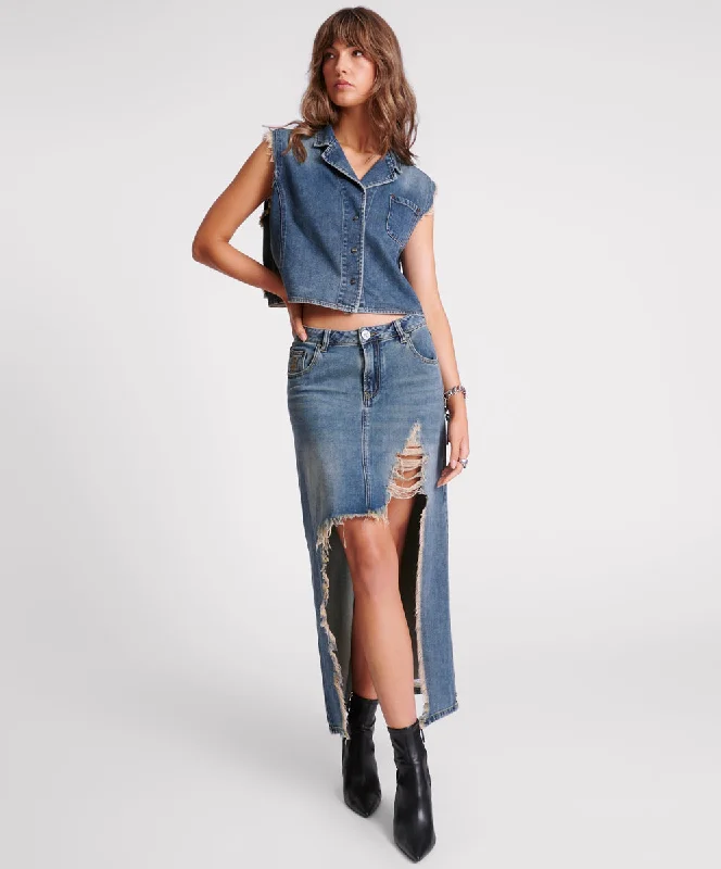 High Waist Shredded Maxi Skirt - Memphis silk skirt lustrous