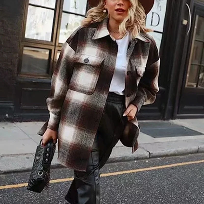 Vintage women 2019 long sleeve woolen coats fashion ladies thick plaid coat female streetwear elegant girls oversize jacket chic Satin Jacket Silk Jacket Chiffon Jacket