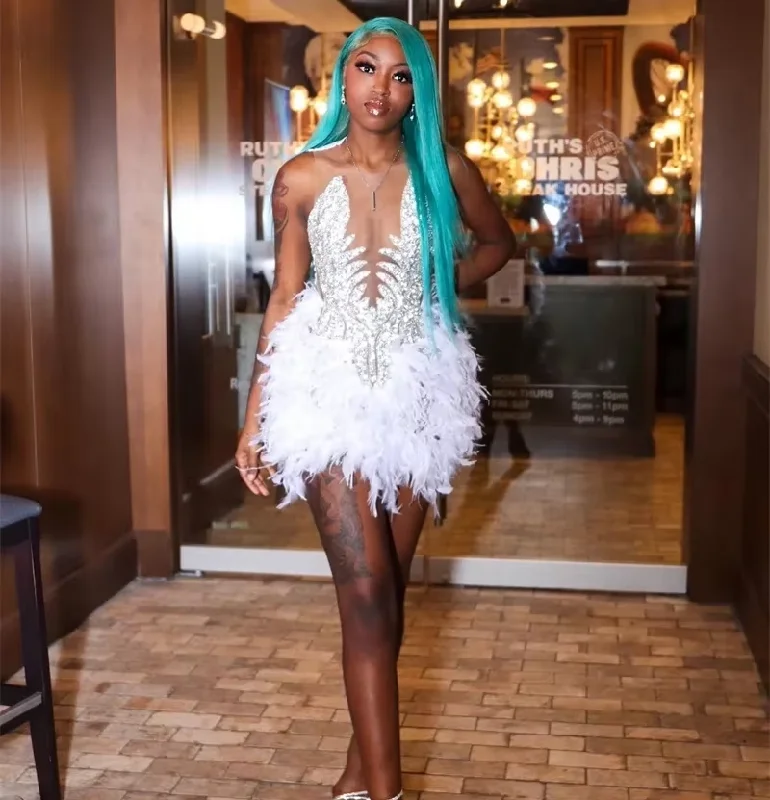 Sexy Diamond Feather Short Prom Dresses Black Girls Birthday Party Dress Beaded African Mini Cocktail Dresses Homecoming Tunics Versatile stylish
