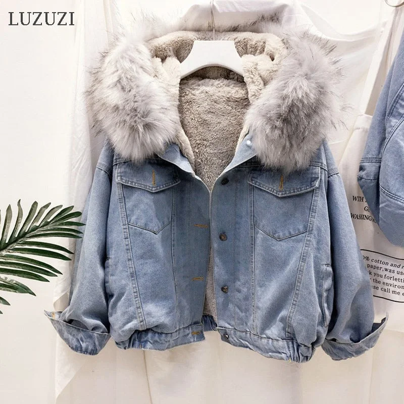 LUZUZI 2019 New Warm Winter Bomber Women Winter Autumn Hooded Girls Coat Jeans Denim Jackets Basic Ladies Top Windbreaker Female Nylon Fabric Polyester Fabric Spandex Fabric