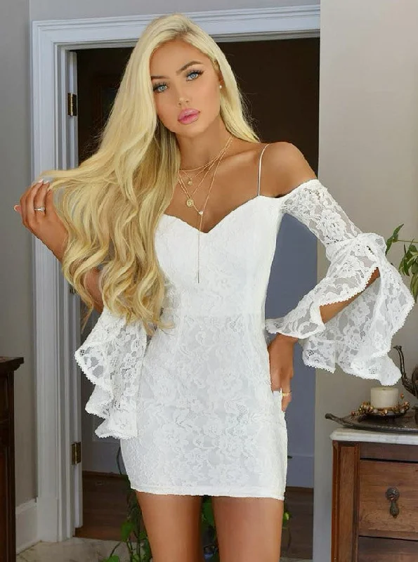 Off-Shoulder White Bodycon Lace Tight Party Dress with Bell Sleeves OM262 Tunics Trousers formal