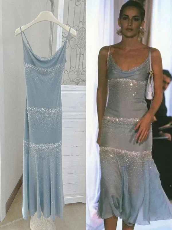 Shiny Blue Spaghetti Straps Sheath Midi Length Party Dress Cocktail Dress, D507 Tunics Business professional