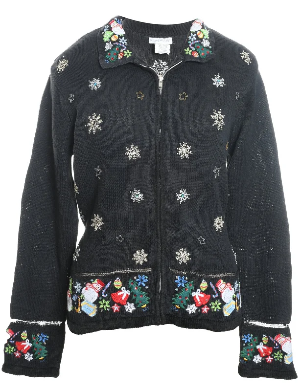 Snowfall Design Black Embroidered Zip-Front Christmas Cardigan - L Denim Fabric Leather Fabric Suede Fabric