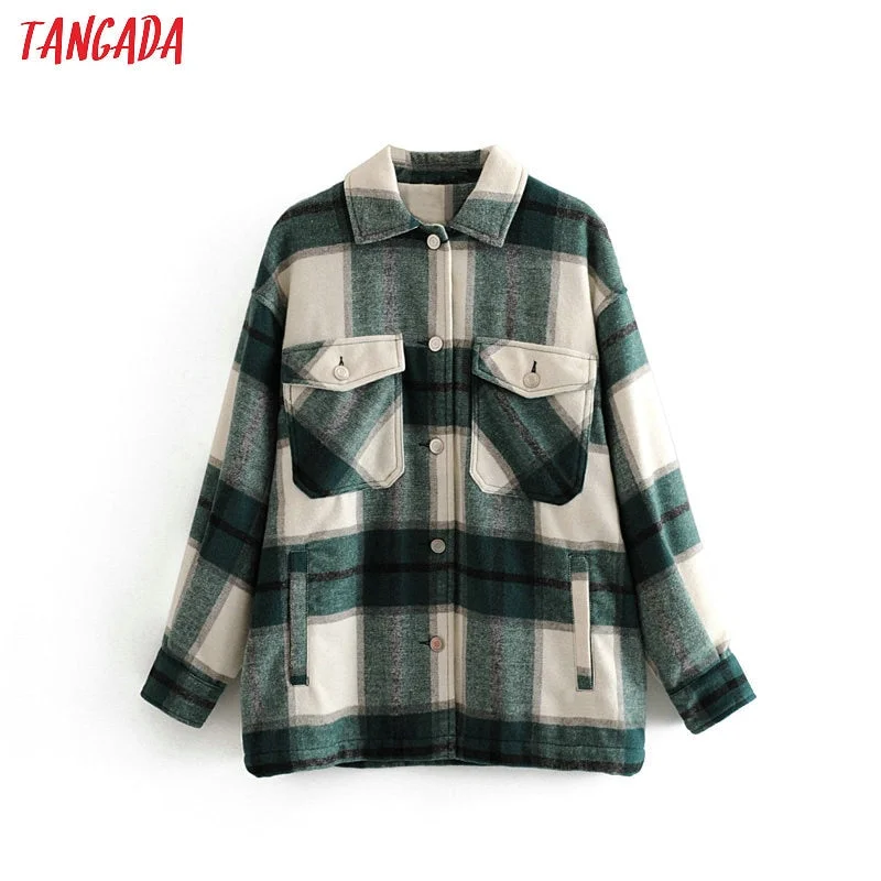 Tangada 2019 Winter Women green plaid Long Coat Jacket Casual High Quality Warm Overcoat Fashion Long Coats 3H04 Hoodie Zip-Up Jacket Button-Up Jacket