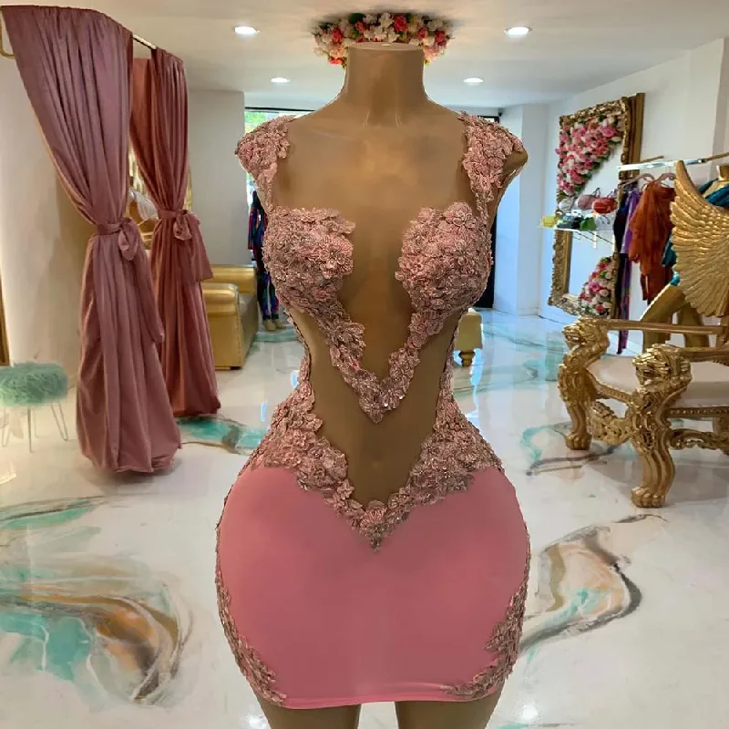 Sexy Cocktail Dresses Women African Cap Sleeve Illusion Mini Evening Gowns V-Neck Lace Applique Sexy Formal Party Dress Tunics Stylish elegant