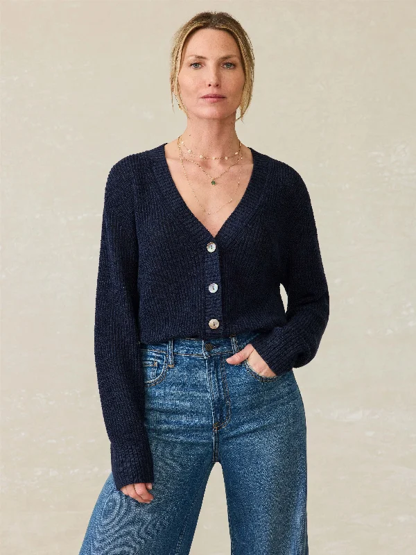 Miramar Linen Cardigan - Navy Blazer Iron Safe Non-Iron Wrinkle Free
