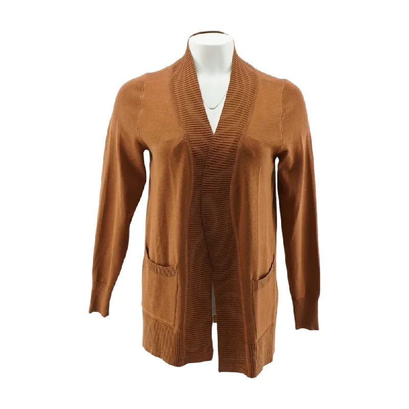 Tan Solid Cardigan Sweater Fitted Slim Tailored