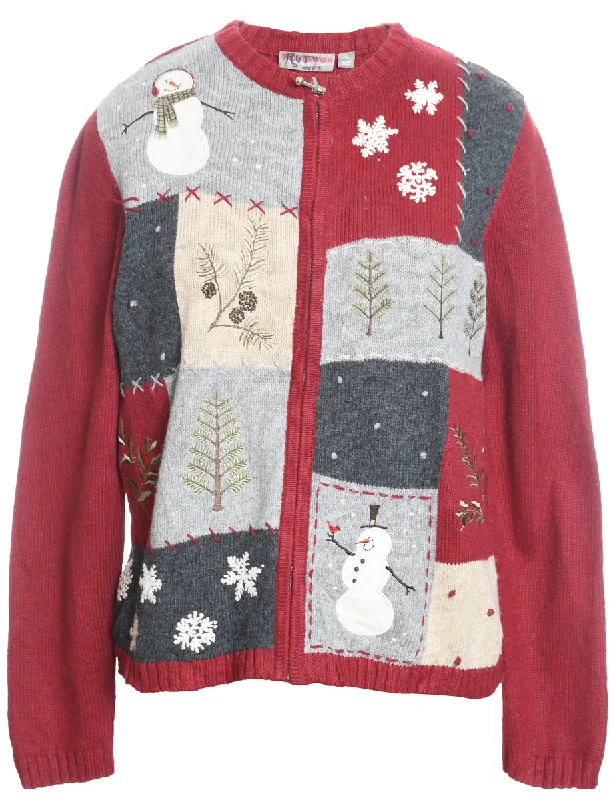 Snowman Christmas Cardigan - M Striped Floral Plaid