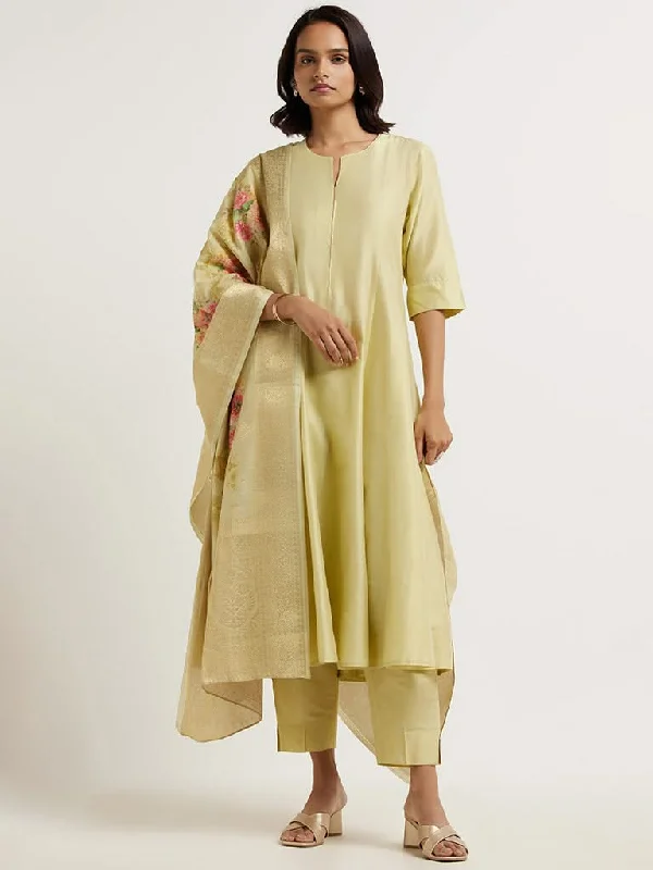 Vark Solid Lime Kurta, Straight Pants & Floral Printed Dupatta Set Formal Wide-Leg Pants