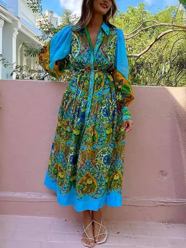 Ethnic Print Cardigan Charming Lace-Up Lapel Long-Sleeved Dress Chenille Fabric Brocade Fabric Lace Fabric
