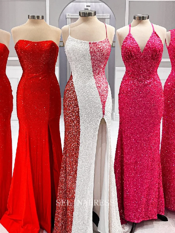 Mermaid Spaghetti Straps Sequins Long Prom Dress Modest Party Dress Evening Dress #LOP010 Tunics Print Colorful