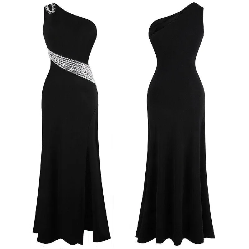 Elegant One Shoulder Rhinestone Split Thigh Formal Evening Party Dress Black Prom Gown 027 075 411 Tunics Chic fashionable