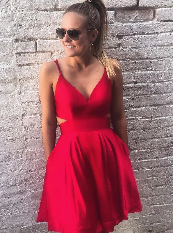 Simple V-neck Cut-outs Satin Short Prom Dress With Pockets Party Dress OM378 Tunics Stylish elegant