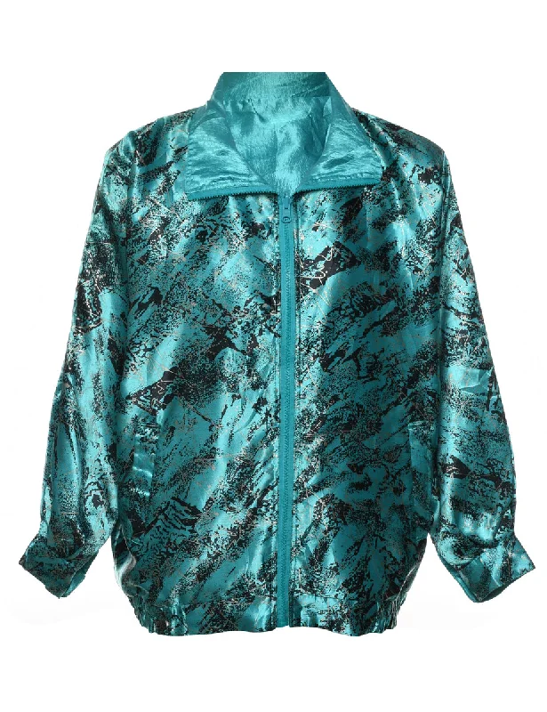 Turquoise & Black Shiny Abstract Print Nylon Jacket - L Knit Jacket Woven Jacket Fleece Jacket