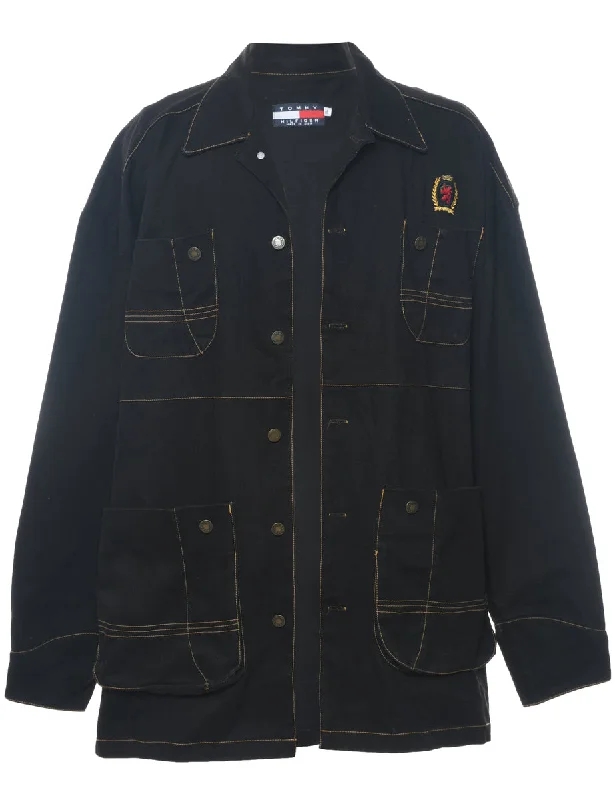 Tommy Hilfiger Black 1990s Contrast Stitch Denim Jacket - XL Faux Fur Jacket Real Fur Jacket Shearling Jacket