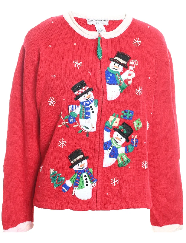 Red Snowman Design Embroidered Zip-Front Cardigan  - M Transparent Opaque Sheer