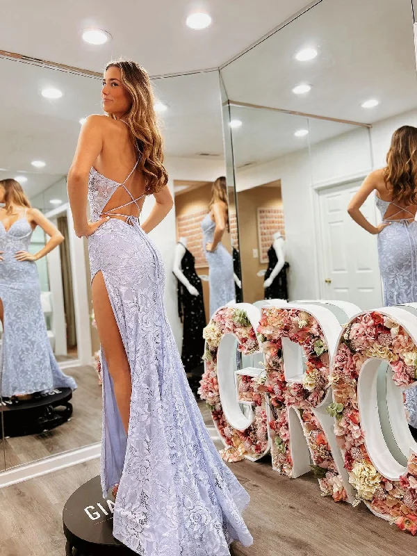 Chic Mermaid Spaghetti Straps Lavender Lace Long Prom Dress Elegant Party Dress #JKSS34 Tunics Floral girly
