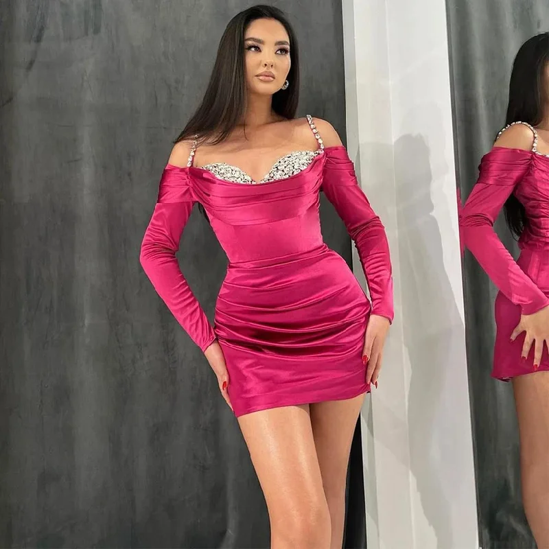 Rose Red Cocktail Dress for Women Crystal Spaghetti Straps Mini Cocktail Gown Off Shoulder Long Sleeves Bodycon Sexy Party Dress Chiffon Maxi Beach